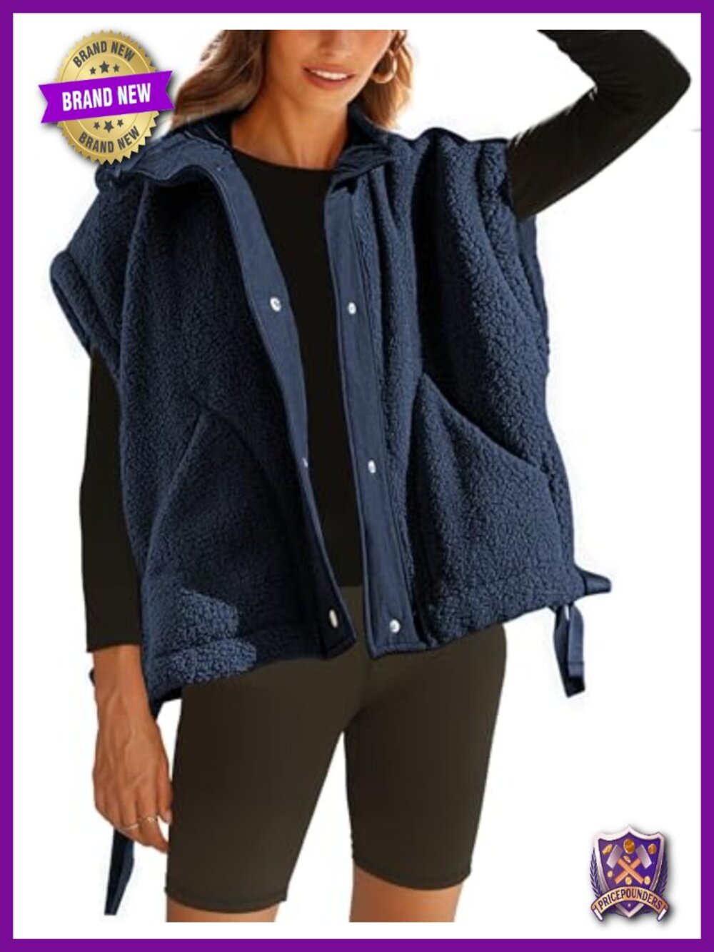 Womens Sherpa Fleece Vest Oversized Sleeveless Button Front